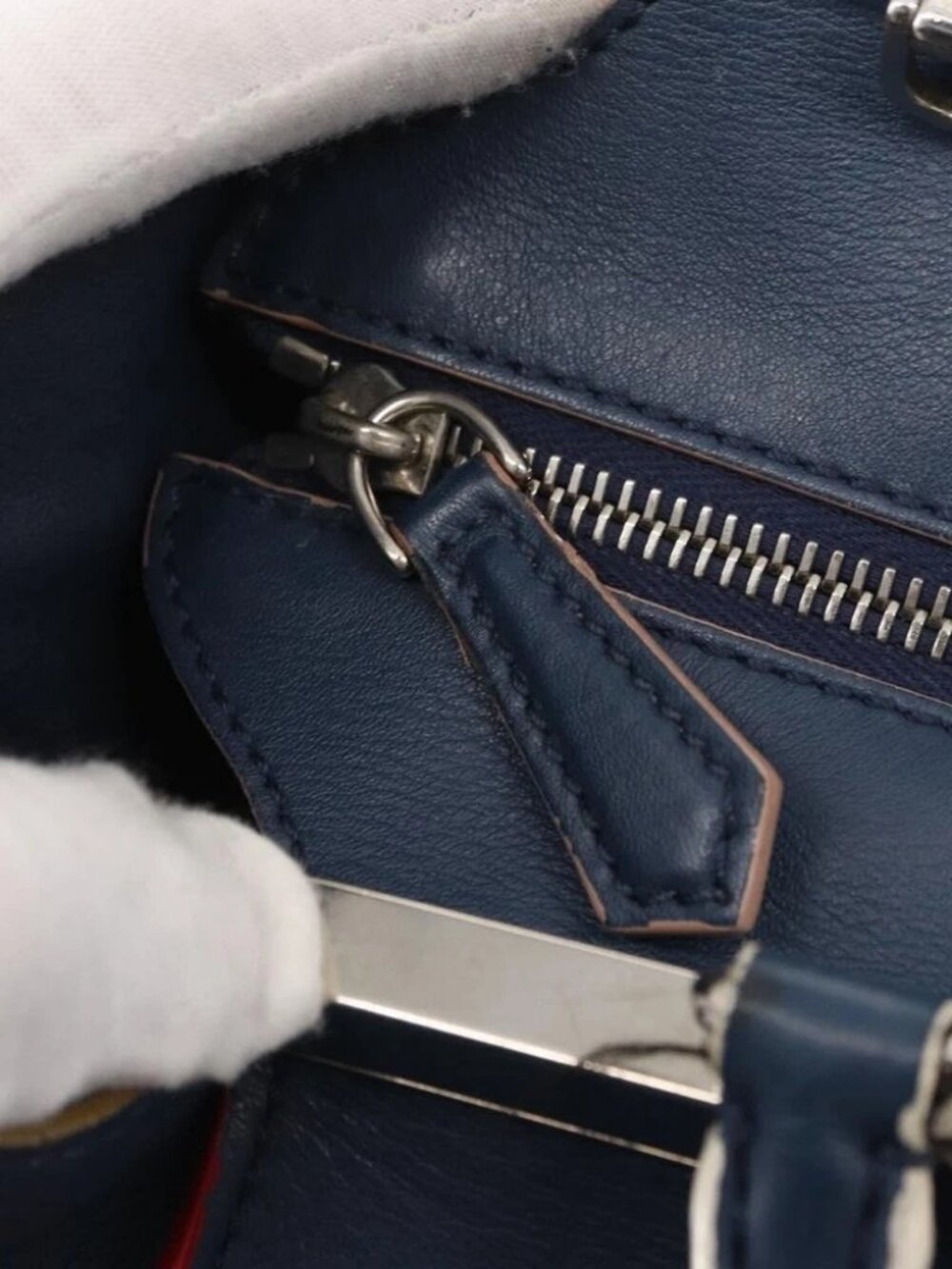 FENDI Trois Jules Hand Bag Leather Navy Silver Auth - Picture 10 of 16